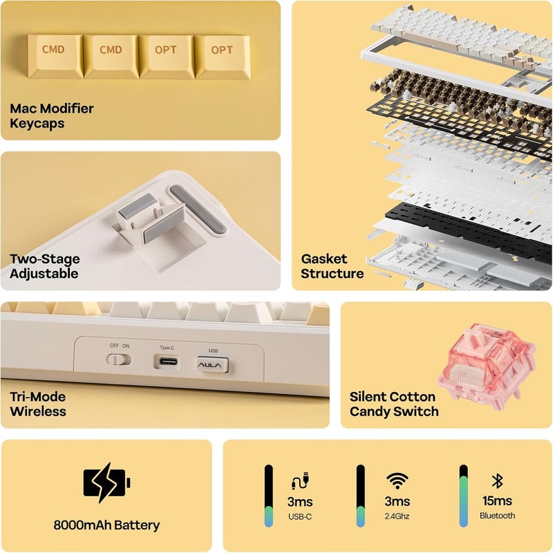 EPOMAKER X Aula F108 PRO Wireless Gaming Keyboard with Screen, 8000mAh Battery, 104 Hot-Swappable and Programmable Keys and Knob, RGB Backlight, for Mac/PC/Android (Grey&Yellow) - Image 3